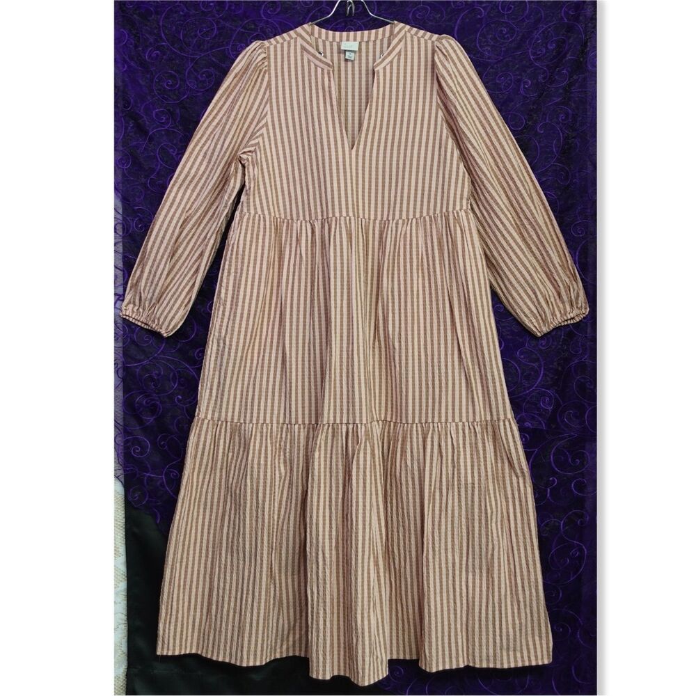 A New Day Women Sz Medium Long Maxi Dress Seersucker Cotton Blend Cottage Tiered